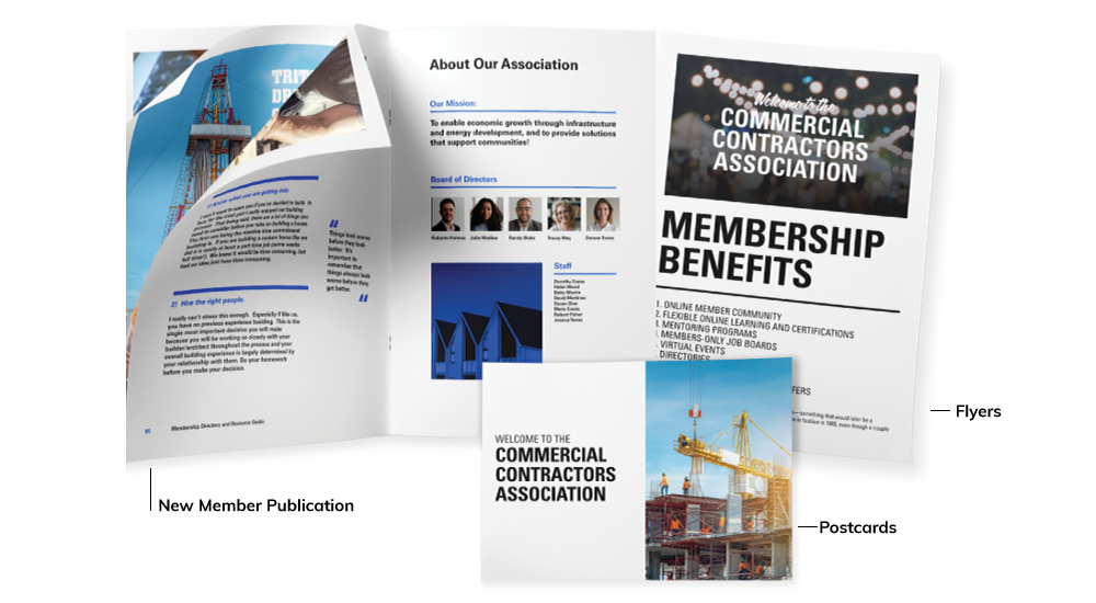 New member welcome publication, postcard, and flyer examples for membership packets